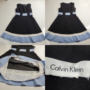 CALVIN KLEIN BLACK BLUE COLOR BLOCK FLARE DRESS 10